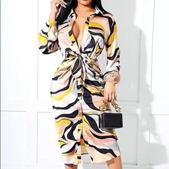 Ma Cherie Abstract Print Long Sleeve Button Up Midi Dress Multicolored Size L - Picture 1 of 5